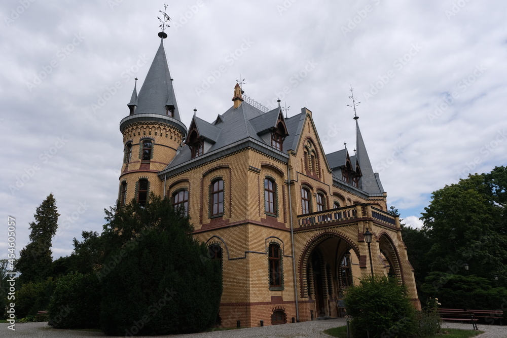 Wiekszyce, Poland - August 17, 2021:  Wiekszyce Palace (1852). During the war it housed a military hospital and later the People's University. Since 2003 it houses a restaurant. Opole Voivodeship