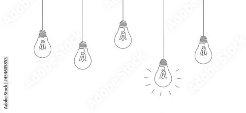 One continuous line drawing of hanging light bulbs with one glowing. Concept of creative idea in simple doodle style. Editable stroke. Vector illustration
