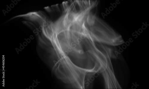 White smoke that rises slowly and floats suspended in the air. The steam rises with light and graceful twists on a black background. It can come from a cigarette or incense
