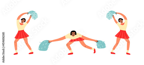 A team of cheerleaders with pompoms. They dance to support the team. High school girls in sports uniforms. Web banner, vector illustration.