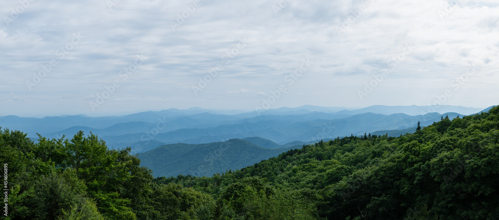 Color Panorama of Appalachian Mountains from a High Vista with Pine Trees and Views from Mount Mitchell