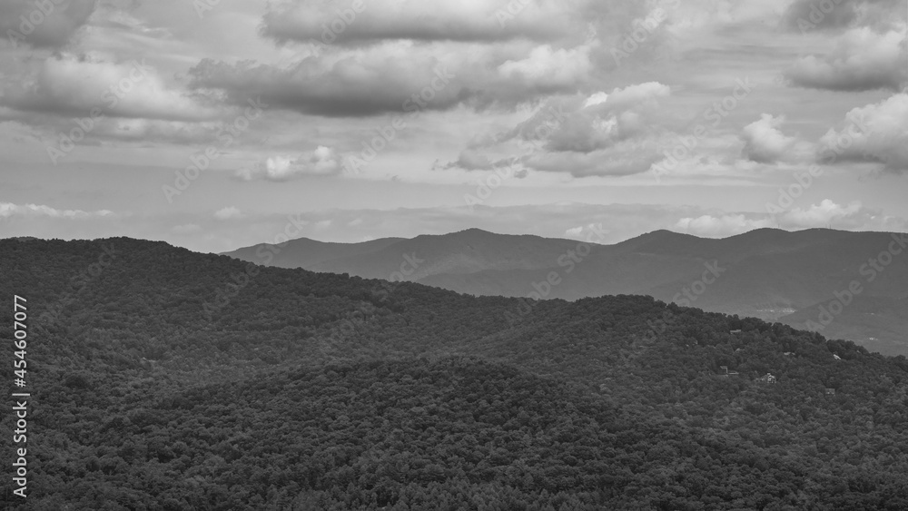 Panorama Black and White Photo of  Layers of Appalachian Mountains Gradually Disappearing Into the Haze