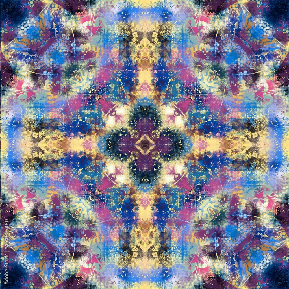 Multicolored abstract kaleidoscope pattern. Blue, wellow, magenta and purple colours