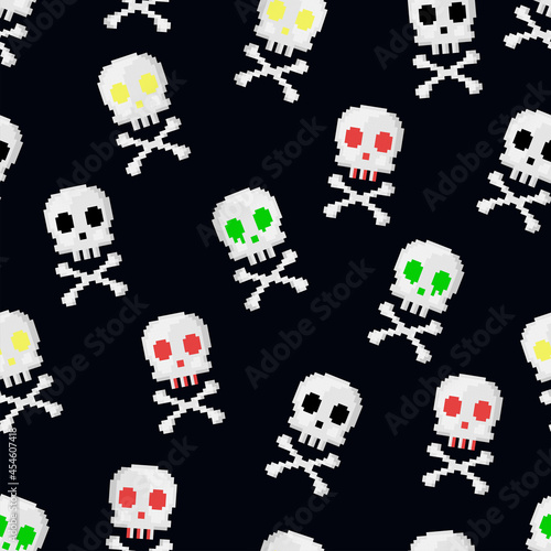 Pixel art halloween seamless pattern. 8 bit gamer retro style repeatable background with skulls and crossbones. Vector pixel art pattern.
