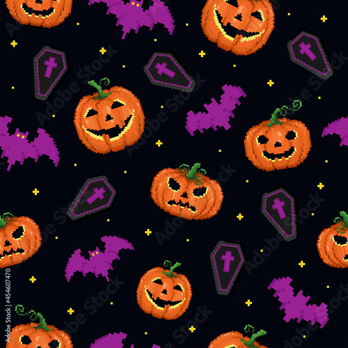Pixel art halloween seamless pattern. 8 bit gamer retro style repeatable background with jack o lantern, coffins and bats. Vector pixel art pattern.