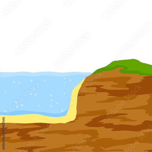 Water shore. Land in cross section. Coast of pond and bottom of lake. Ecology and geology. Flat cartoon illustration