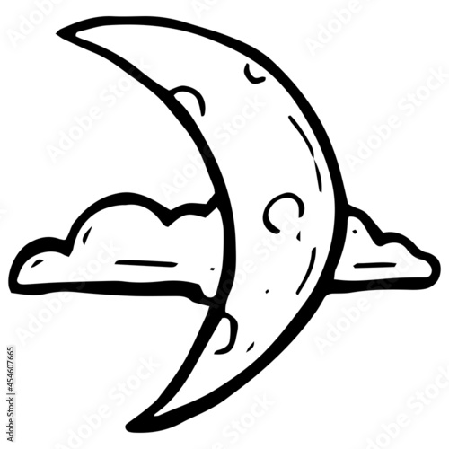 hand drawn halloween moon in cloud illustration in doodle style