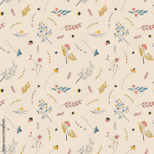 Vector seamless autumn pattern of orange, red, blue, and grey leaves and flowers stylized in a flat and doodle style in the light background. Hand-drawn leaf texture. Background for textile wallpapers