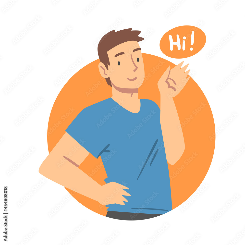 Young Man Saying Hello and Showing Hand Greeting Gesture Vector Illustration