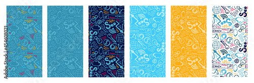 A set of seamless patterns of different colors with sketches on the topic of SEO. They are well suited for the Background, Story, Banner