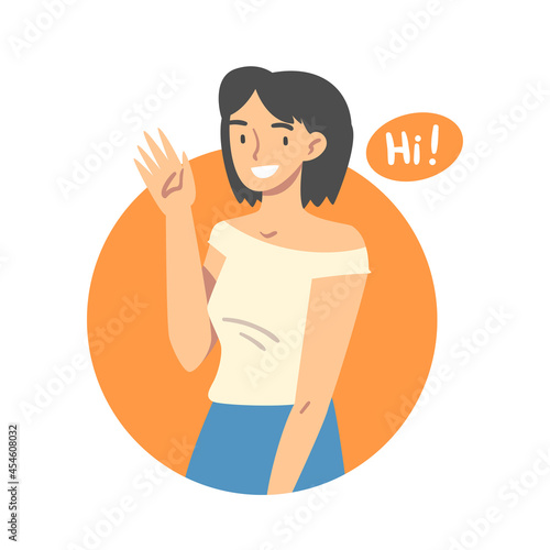 Young Woman Saying Hello and Showing Hand Greeting Gesture Vector Illustration