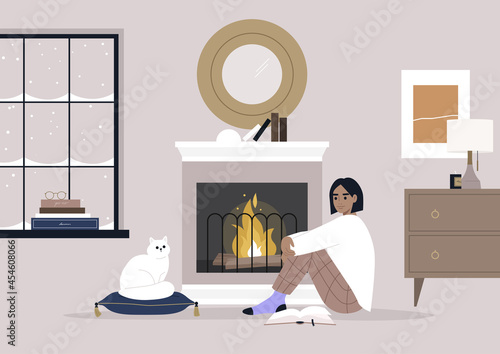 A young female character sitting on the floor in front of the mantelpiece, cozy winter interior, pet friendly environment
