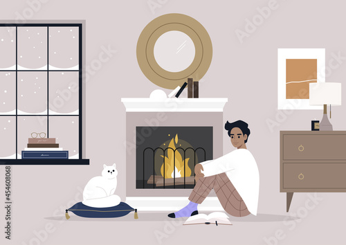 A young male character sitting on the floor in front of the mantelpiece, cozy winter interior, pet friendly environment