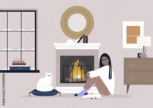A young female Black character sitting on the floor in front of the mantelpiece, cozy winter interior, pet friendly environment