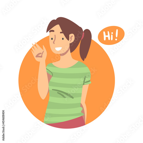 Young Woman with Ponytail Saying Hello and Showing Hand Greeting Gesture Vector Illustration