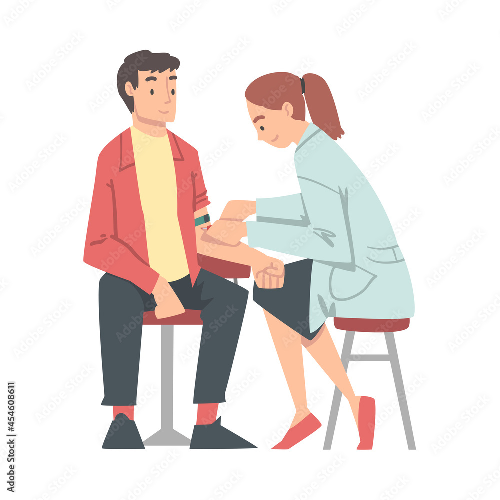 Medical Check-up with Female Doctor in White Coat Examining Patient Taking Blood Vector Illustration Medical Check-up with Female Doctor in White Coat Examining Patient Taking Blood Vector Illustration