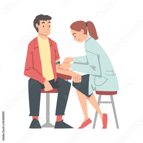 Medical Check-up with Female Doctor in White Coat Examining Patient Taking Blood Vector Illustration