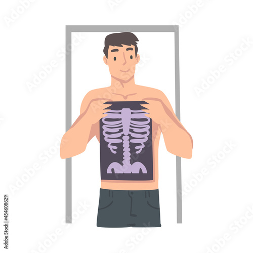 Man Having Medical Check-up and Health Screening Holding Chest X-ray Vector Illustration