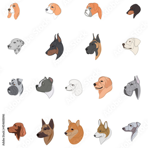 Breeds of dogs drawn in minimal style set. One line dogs. Vector illustration with colours.