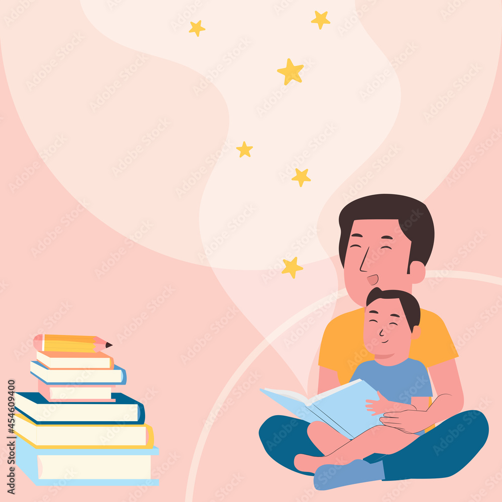 Illustration of storytelling concept. International Literacy Day greeting card about a father teaching and accompanying his son to read by giving the imagination a star of hope