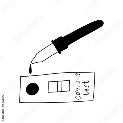 Covid-19 rapid test with positive result. Doodle hand drawn blood test kit for coronavirus antigen. Fast analysis for virus infection.