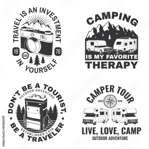 Set of camping badges, patches. Vector illustration. Concept for shirt or logo, print, stamp or tee. Vintage typography design with camping equipment, forest, camper trailer and mountain silhouette