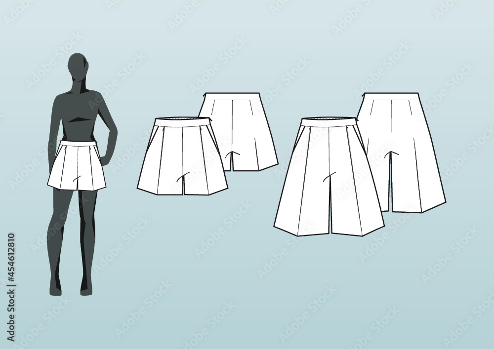 SHORTS, HIGH RISE. Fashion design technical flat sketch template for product instructions. Easy to edit, front and back view. SHORTS, HIGH RISE. Fashion design technical flat sketch template for product instructions. Easy to edit, front and back view.