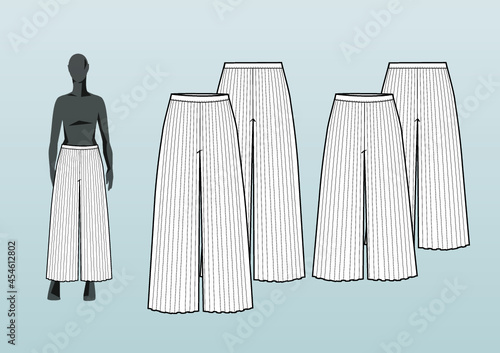 PLEATED PANTS, HIGH RISE Fashion design technical  flat sketch template for product instructions. Easy to edit, front and back view.
