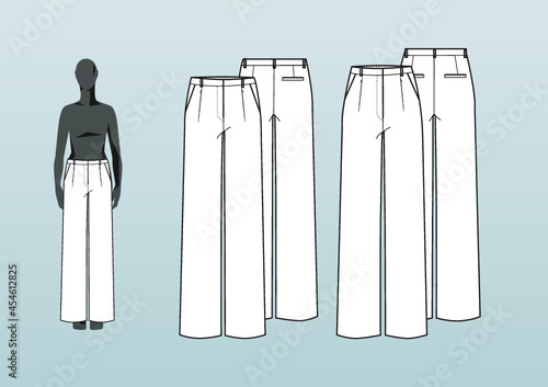 WIDE PANTS, HIGH + REGULAR RISE. Fashion design technical  flat sketch template for product instructions. Easy to edit, front and back view.