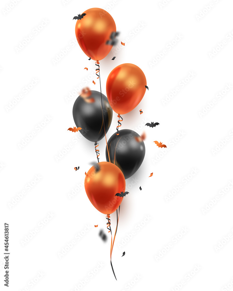 Realistic bouquets of black, red, ginger balloons, bat confetti and ribbons isolated on white. Vector illustration for card, Halloween party, design, flyer, poster, banner, web, advertising. Realistic bouquets of black, red, ginger balloons, bat confetti and ribbons isolated on white. Vector illustration for card, Halloween party, design, flyer, poster, banner, web, advertising.