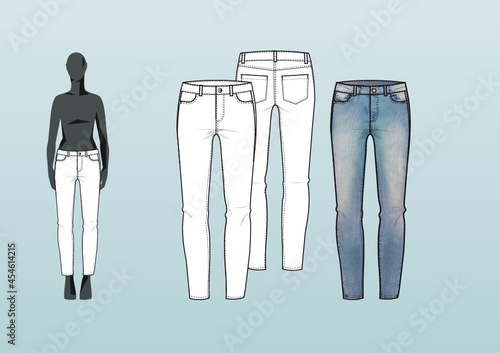 SKINNY JEANS, LOW RISE. Fashion design technical  flat sketch template for product instructions. Easy to edit, front and back view.