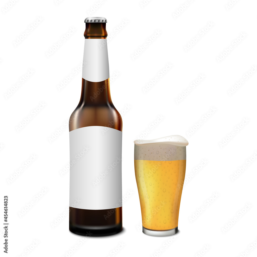 Beer bottle and glass of beer isolated on white background, vector illustration