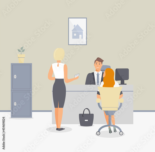 Bank office or insurance company. Employee man serve customer woman with leather bag.Talking about loan or deposit or opening account.Interior with safe and painting with house.Vector illustration