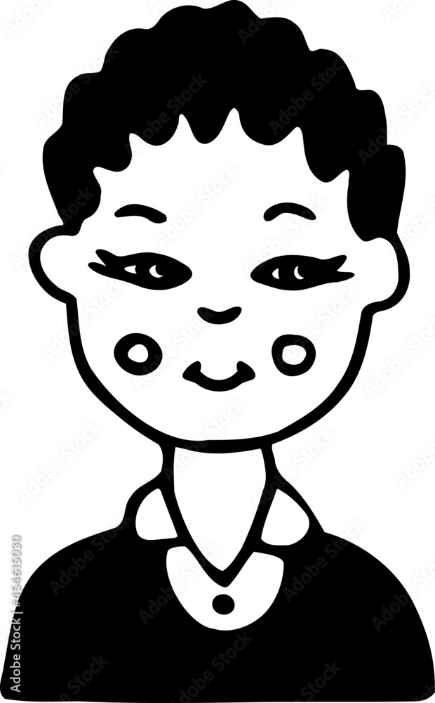Cartoon avatar of Asian high school student wearing uniform black pullover, white shirt. Portrait of handsome smiling curly-haired young man of brunette. Friendly character for kids educational icons. Cartoon avatar of Asian high school student wearing uniform black pullover, white shirt. Portrait of handsome smiling curly-haired young man of brunette. Friendly character for kids educational icons.