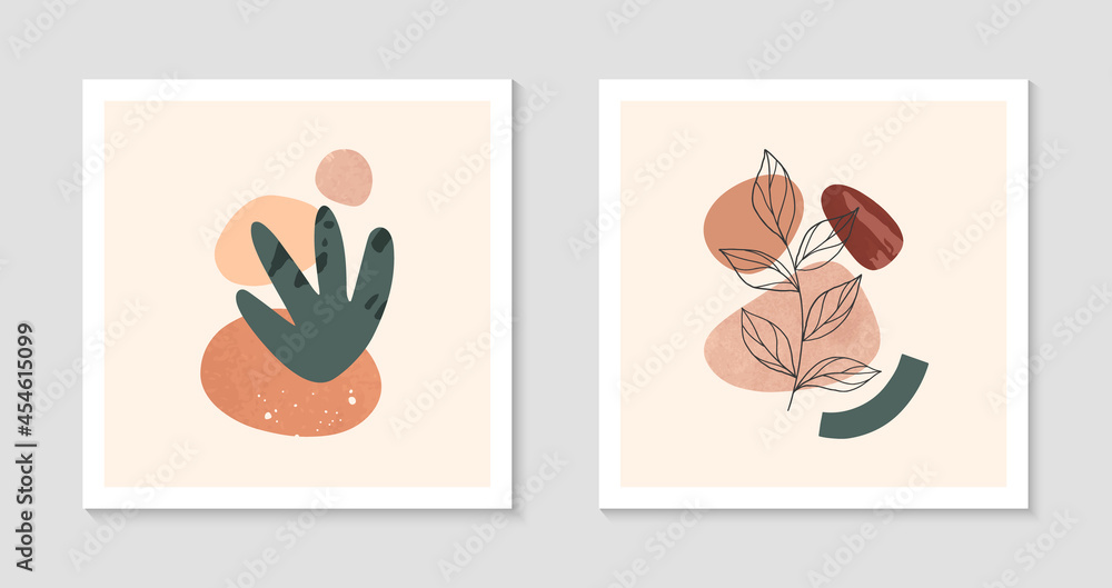Set of modern abstract vector illustrations with organic various shapes and foliage line art.Boho watercolor wall art decor.Trendy artistic designs perfect for banners;social media,invitations,covers.