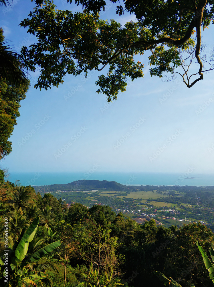 Panoramic view from the highest point of the tropical island. Island valley landscape Panoramic view from the highest point of the tropical island. Island valley landscape