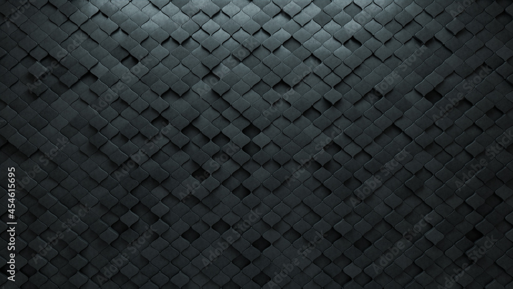 Semigloss Tiles arranged to create a Futuristic wall. 3D, Arabesque Background formed from Concrete blocks. 3D Render Semigloss Tiles arranged to create a Futuristic wall. 3D, Arabesque Background formed from Concrete blocks. 3D Render