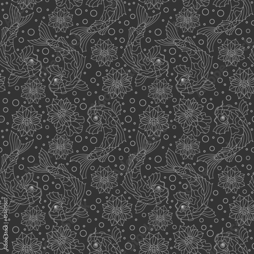 Seamless pattern light dark contour koi carp fishes, Lotus flowers and bubbles on a dark background
