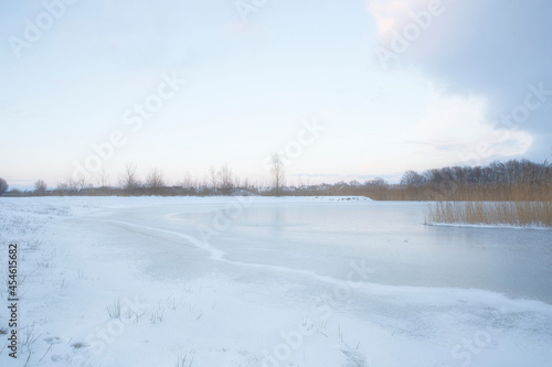 Wallpaper Mural Beautiful winter landscape at sunset with fog and snow covering farmland and river in the Netherlands beautiful colors in nature Torontodigital.ca