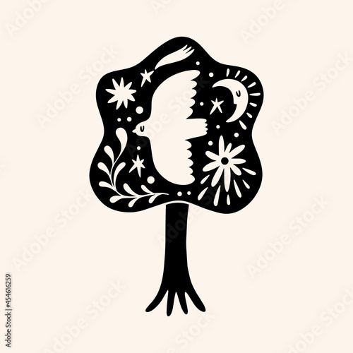 Cute Scandinavian bird and tree art. Folk rural rustic fairytale style, hygge and lagom design. Nordic scandi decor elements.