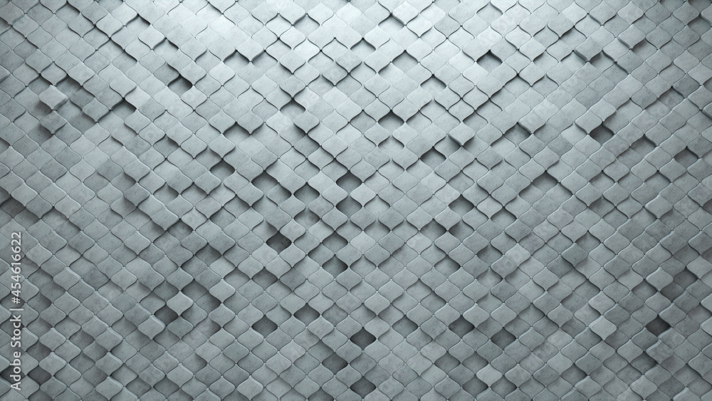 Arabesque Tiles arranged to create a 3D wall. Semigloss, Futuristic Background formed from Concrete blocks. 3D Render Arabesque Tiles arranged to create a 3D wall. Semigloss, Futuristic Background formed from Concrete blocks. 3D Render