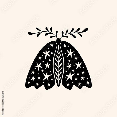 Night moth cute illustration art print, ornate butterfly.