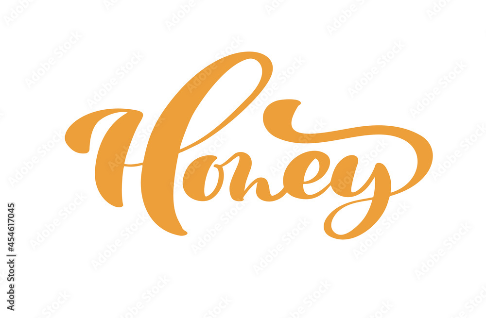 Honey calligraphy Vector lettering text. bee hand lettering word in orange color isolated on white background. Concept for logo card, typography poster, print Honey calligraphy Vector lettering text. bee hand lettering word in orange color isolated on white background. Concept for logo card, typography poster, print