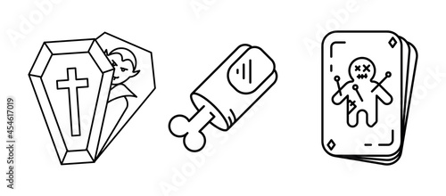 Doll on playing card, vampire in coffin and amputated finger. Set for Halloween concept. Linear icons set.