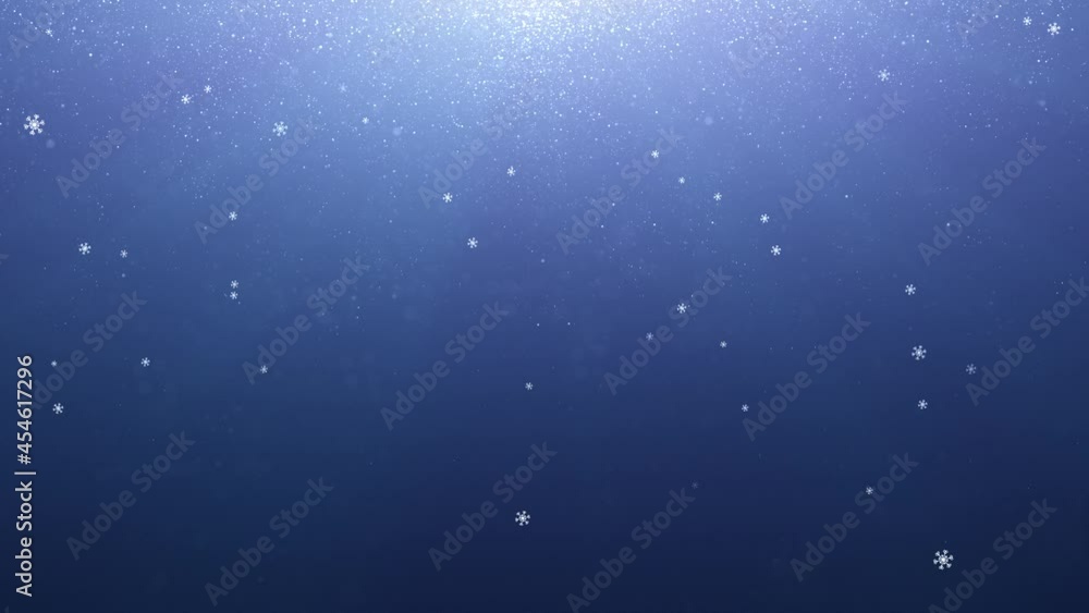 Beautiful snowflakes falling on abstract bright blue sky with glitter effect, copy space animation background. Beautiful snowflakes falling on abstract bright blue sky with glitter effect, copy space animation background.