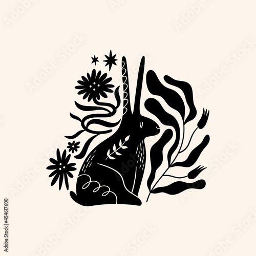 Hare or bunny woodland animal drawing in ornate rural folk scandinavian style.