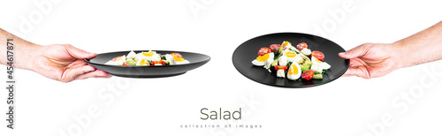 Salad of arugula, avocado, cherry tomatoes and eggs isolated on a white background. Green salat. Vegetarian salad.