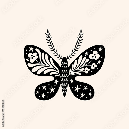 Night moth cute illustration art print, ornate butterfly.