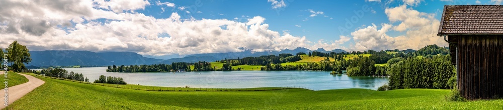Breites Panorama mit Blick auf den Forggensee und die Berge der Alpen im Hintergrund
