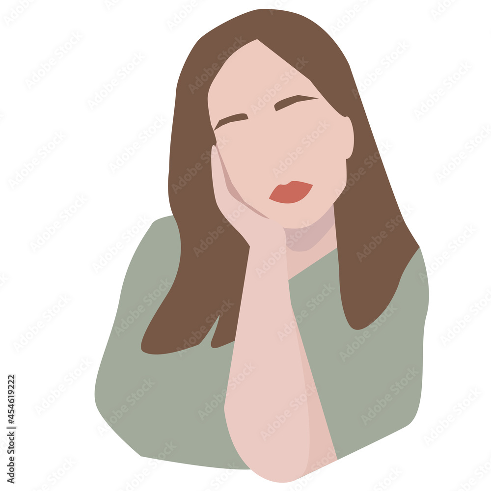 Vector minimalistic image of a girl with dark hair. Lifestyle. Design for stickers, postcards, logos, cosmetic websites, holidays, posters.